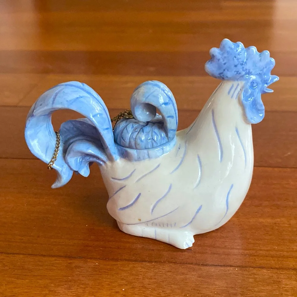 Nini Rooster Vintage Teapot EUC with Chain Hand Painted White & Blue
